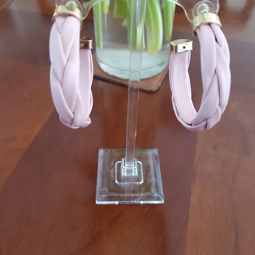 Baby Pink Leatherette Braided Hoop Earrings